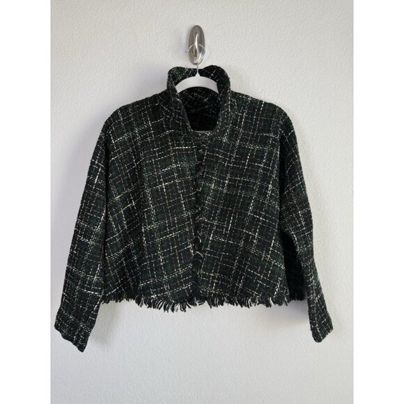 ZARA WOMAN Tweed Fringed Mock Neck Front Cropped Jacket Plaid Black Green Size M - Picture 6 of 11